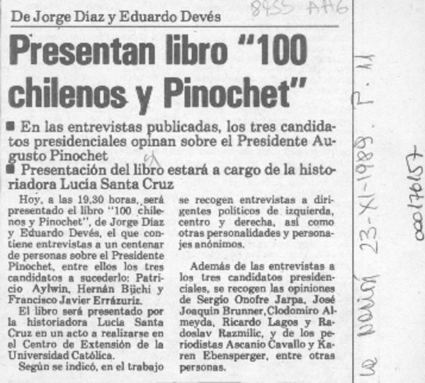 Presentan libro "100 chilenos y Pinochet"  [artículo].