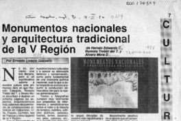 Monumentos nacionales y arquitectura tradicional de la V región  [artículo] Ernesto Livacic Gazzano.