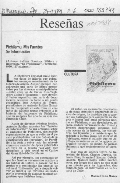 Pichilemu, mis fuentes de información  [artículo] Manuel Peña Muñoz.