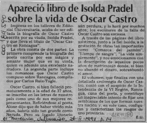 Apareció libro de Isolda Pradel sobre la vida de Oscar Castro  [artículo] E. U.