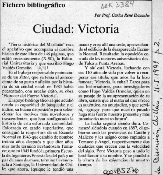Ciudad, Victoria  [artículo] Carlos René Ibacache.