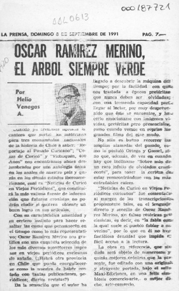 Oscar Ramírez Merino, el árbol siempre verde  [artículo] Helio Venegas A.