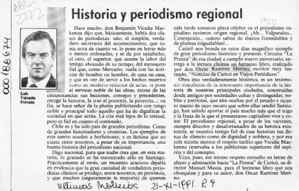 Historia y periodismo regional  [artículo] Luis Valentín Ferrada.