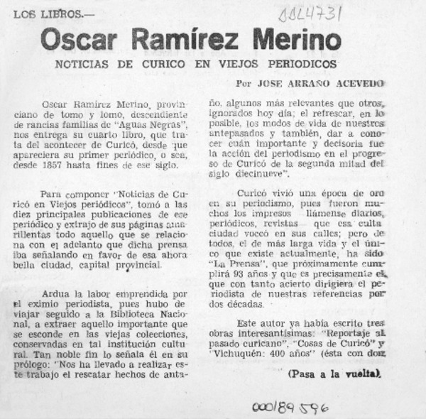 Oscar Ramírez Merino  [artículo] José Arraño Acevedo.