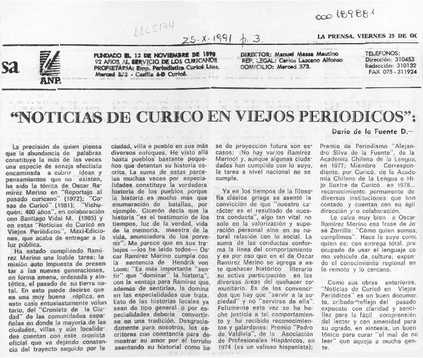 "Noticias de Curicó en viejos periódicos"  [artículo] Darío de la Fuente D.