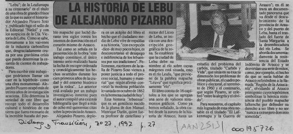 La Historia de Lebu de Alejandro Pizarro  [artículo].