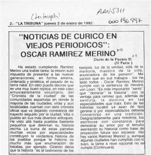 "Noticias de Curicó en viejos periódicos"; Oscar Ramírez Merino.