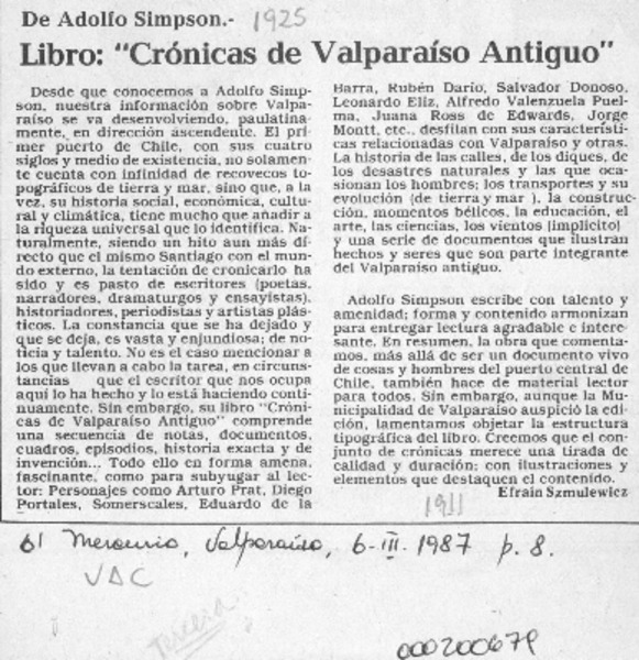 Libro, "Crónicas de Valparaíso antiguo"  [artículo] Efraín Szmulewicz.