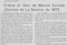 Crítica al libro de Manuel Concha "Crónica de La Serena" de 1872