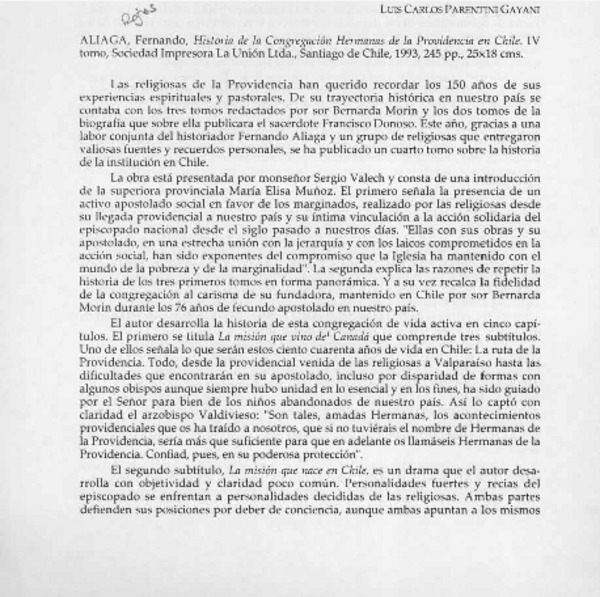 Historia de la Congregación Hermanas de la Providencia en Chile  [artículo] Marciano Barrios Valdés.