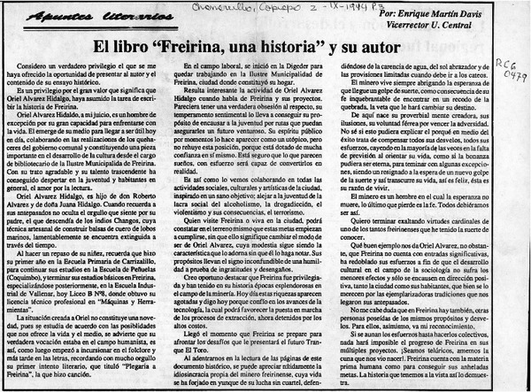 El libro "Freirina, una historia" y su autor  [artículo] Enrique Martín Davis.