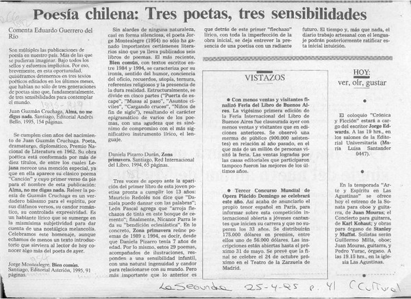 Poesía chilena, tres poetas, tres sensibilidades  [artículo] Eduardo Guerrero del Río.