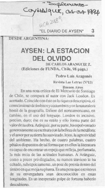 Aysén, la estación del olvido  [artículo] Pedro Luis Aragonés.