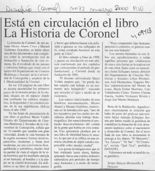 Está en circulación el libro "La historia de Coronel"  [artículo] Sergio Salazar Hermosilla