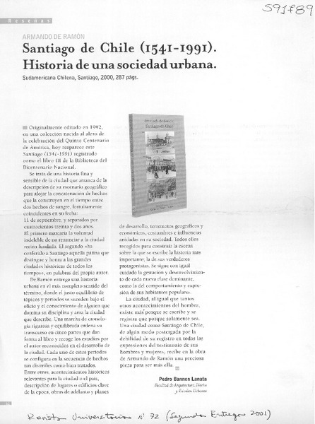 Santiago de Chile (1541-1991)  [artículo] Pedro Bannen Lanata