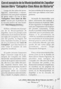 Con el auspicio de la Municipalidad de Zapallar lanzan libro "Catapilco cien años de historia"  [artículo]