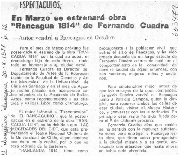 En marzo se estrenará obra "Rancagua 1814" de Fernando Cuadra.
