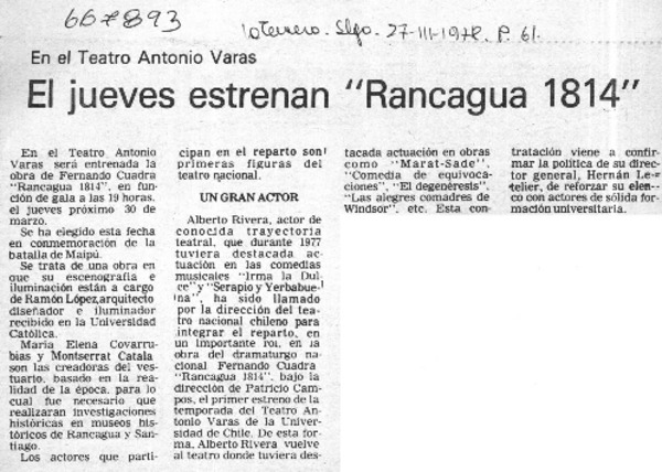 El jueves estrenan "Rancagua 1814".  [artículo]