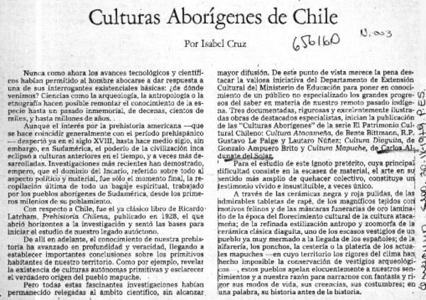 Culturas aborígenes de Chile  [artículo] Isabel Cruz.