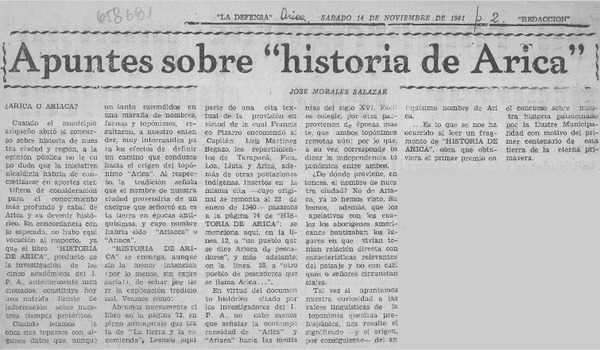 Apuntes sobre "historia de Arica"  [artículo] José Morales Salazar.