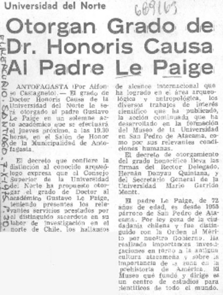Otorgan grado de Dr. Honoris causa al padre Le Paige.