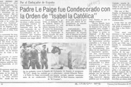 Padre Le Paige fue condecorado con la orden de "Isabel la Católica".