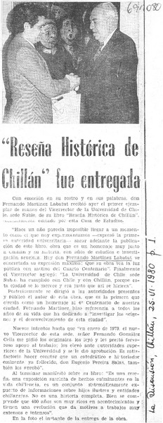 "Reseña histórica de Chillán" fue entregada.