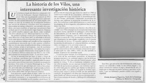 La historia de Los Vilos, una interesante investigación histórica  [artículo] Zenón Jorquera Figueroa.
