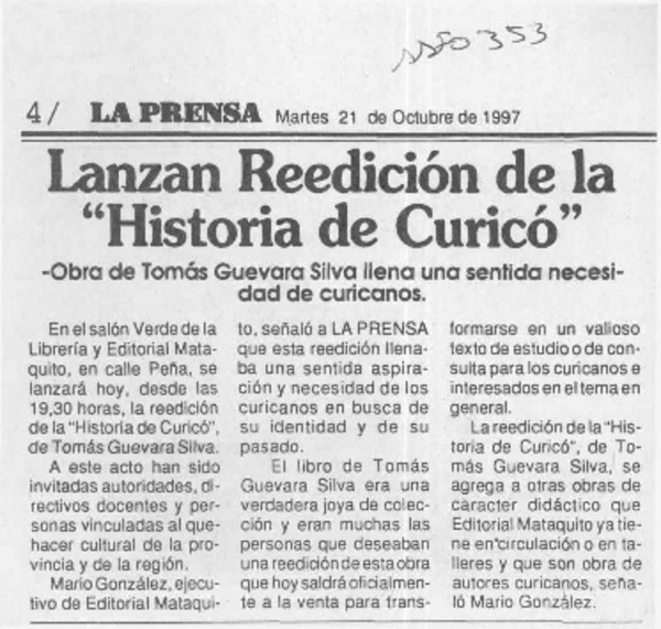 Lanzan reedición de la "Historia de Curicó"  [artículo].