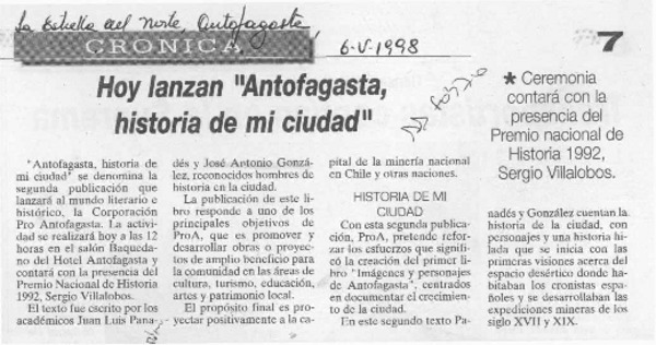 Hoy lanzan "Antofagasta, historia de mi ciudad"  [artículo].