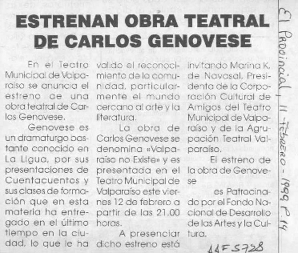Estrenan obra teatral de Carlos Genovese  [artículo].