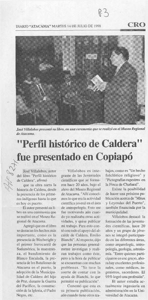 "Perfil histórico de Caldera" fue presentado en Copiapó  [artículo].
