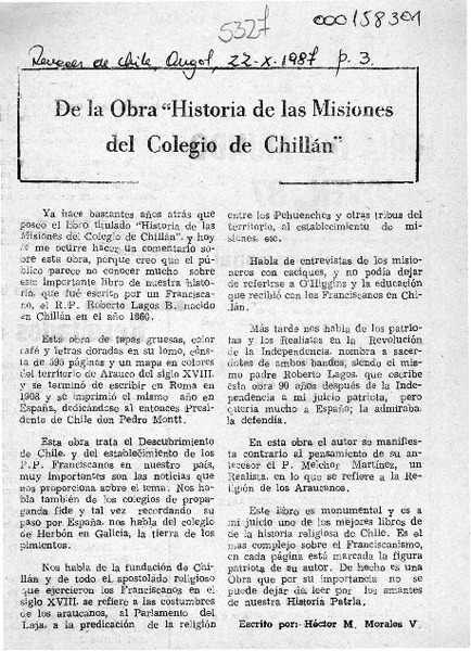 De la obra "Historia de las misiones del colegio de Chillán"  [artículo] Héctor M. Morales V.