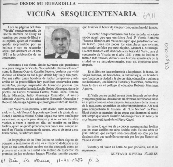 Vicuña sesquicentenaria  [artículo] Gustavo Rivera Flores.
