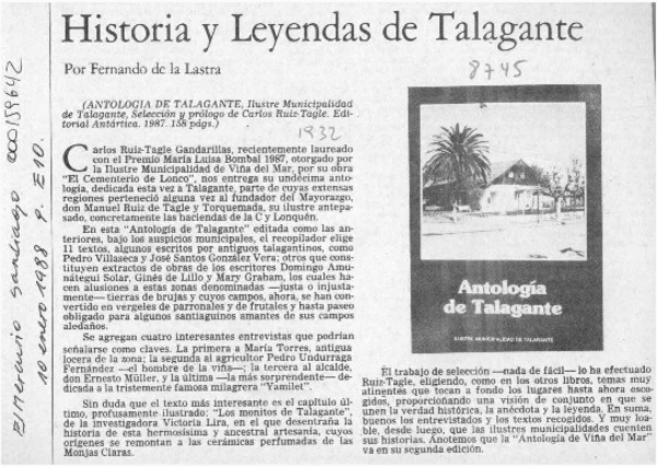 Historia y leyendas de Talagante  [artículo] Fernando de la Lastra.