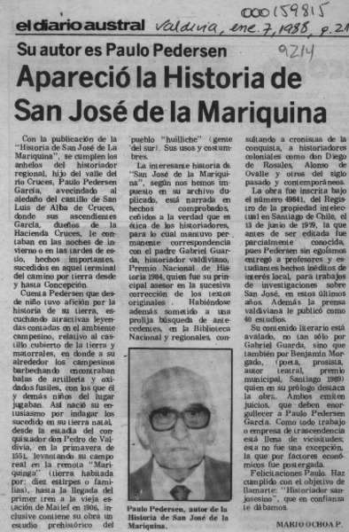 Apareció la historia de San José de la Mariquina  [artículo] Mario Ochoa P.