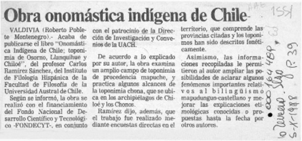 Obra onomástica indígena de Chile  [artículo] Roberto Poblete Montenegro.