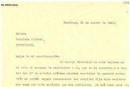 [Carta] 1942 ago. 31, Santiago, [Chile] [a] Gabriela Mistral, Petrópolis, [Brasil]
