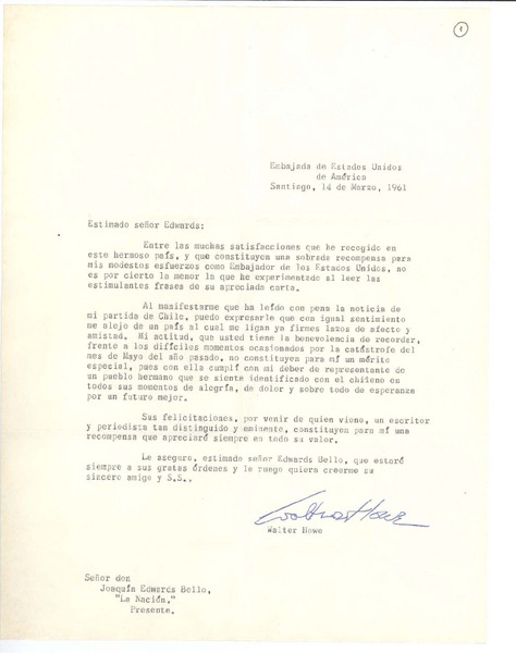 [Carta] 1961 mar. 14, Santiago, Chile [a] Joaquín Edwards Bello
