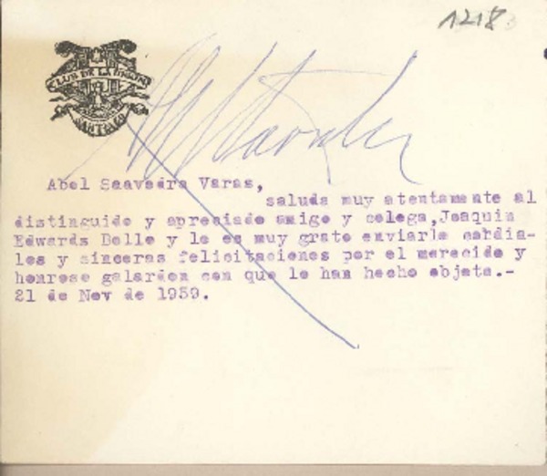 [Tarjeta] 1959 noviembre 21, Santiago, [Chile] [a] Joaquín Edwards Bello