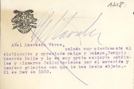 [Tarjeta] 1959 noviembre 21, Santiago, [Chile] [a] Joaquín Edwards Bello