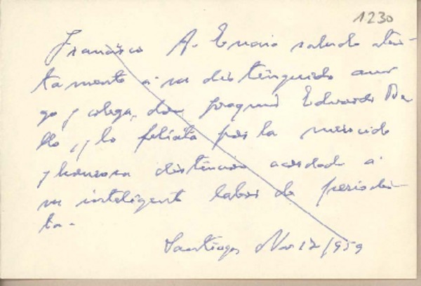[Tarjeta] 1959 noviembre 18 Santiago, [Chile] [a] Joaquín Edwards Bello