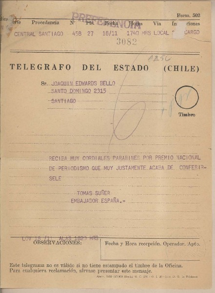 [Telegrama] 1959 noviembre 18, Santiago, [Chile] [a] Joaquín Edwards Bello