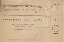 [Telegrama] 1959 noviembre 18, Santiago, [Chile] [a] Joaquín Edwards Bello