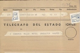 [Telegrama] 1961 febrero 10, Constitución, [Chile] [a] Joaquín Edwards Bello, [Valparaíso]