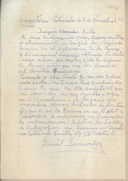 [Carta] 1959 noviembre 22, Putaendo, [Chile] [a] Joaquín Edwards Bello