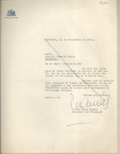 [Carta] 1959 noviembre 24, Santiago, [Chile] [a] Joaquín Edwards Bello