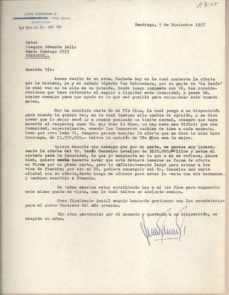[Carta] 1957 diciembre 9, Santiago, [Chile] [a] Joaquín Edwards Bello