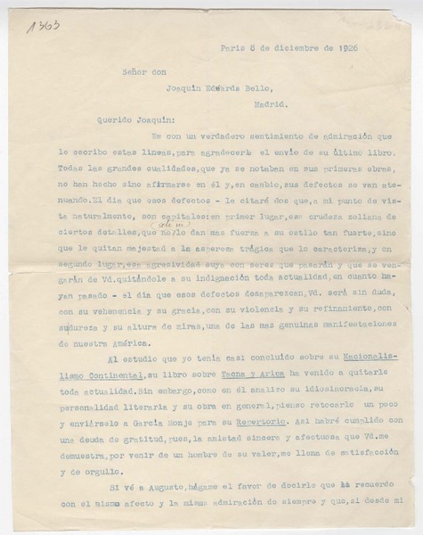 [Carta] 1926 diciembre 8, París, [Francia] [a] Joaquín Edwards Bello