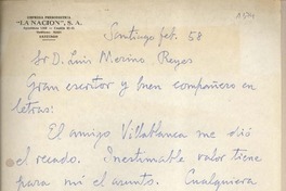 [Carta] 1958 febrero, Santiago, [Chile] [a] Luis Merino Reyes